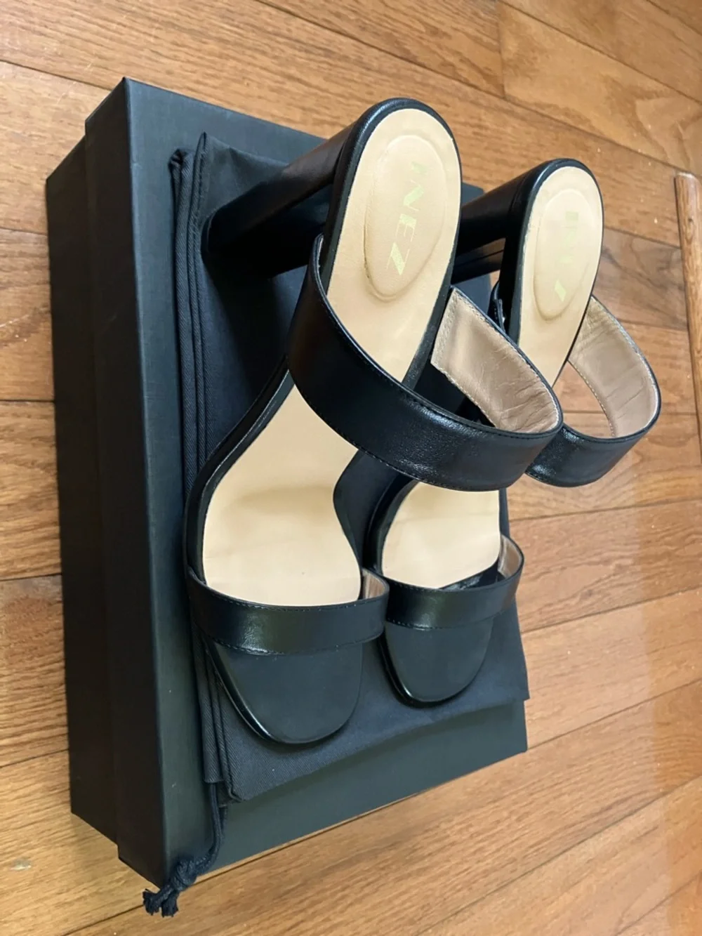 INEZ Black Leather Double-Strap Heeled Sandals - Picture 2 of 8